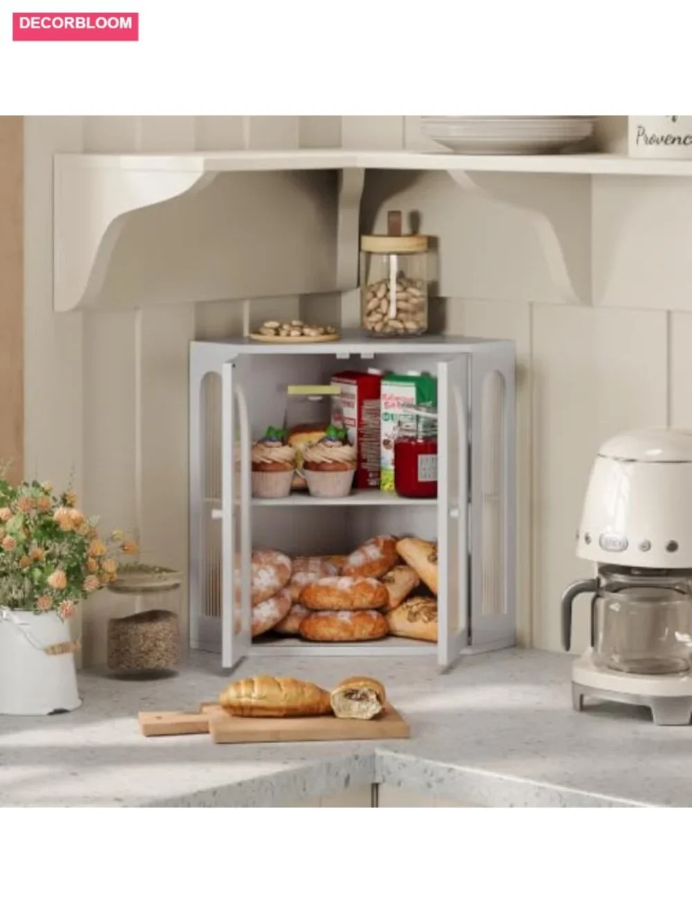 Corner Bread Box Double Layer Bamboo with Arched Acrylic Windows for Kitchen